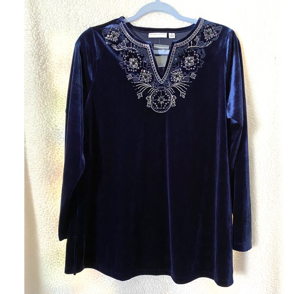 NEW Susan Graver Velour Sparkly Beaded Blouse Top